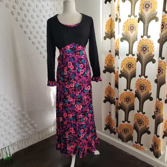 Vintage Dresses & Skirts - Vintage Floral Dayglo Longsleeve Maxi Dress